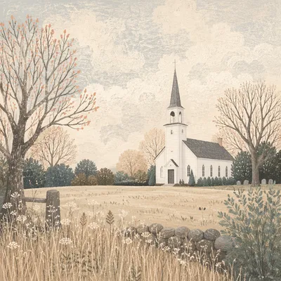 Small White Country Church Across Field