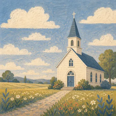 Small White Country Church in Field