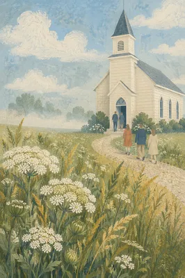 Small White Country Church in Wildflower Field