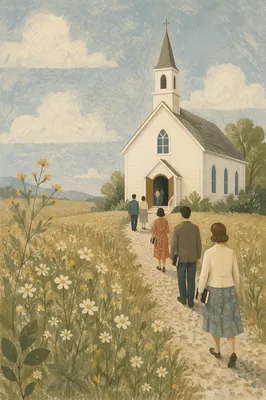 Small White Country Church in Meadow