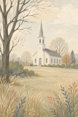White Country Church Steeple Across Field