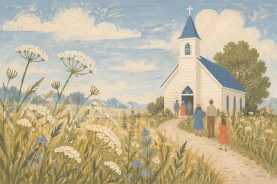 Small White Country Church in Wildflower Field