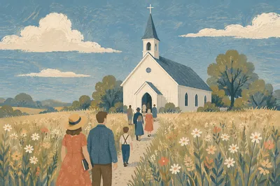 White Country Church Steeple Across Meadow
