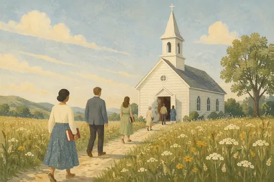 Small White Country Church in Meadow