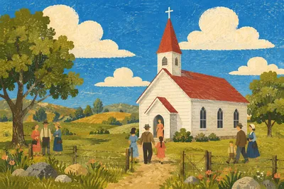 Small White Country Church in Green Field