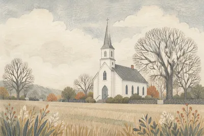 Small White Country Church Beyond Field