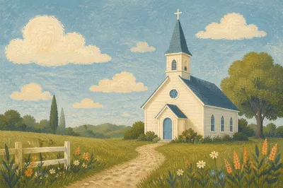 Small White Country Church by Field