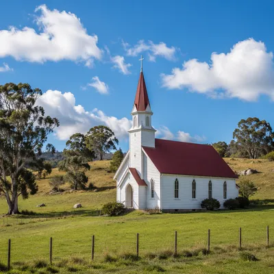 Small White Country Church in Field
