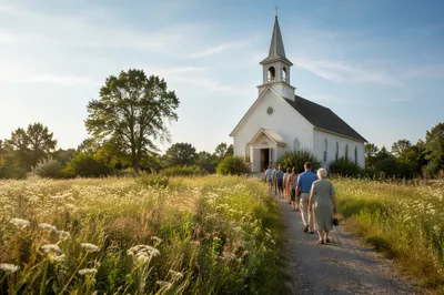 Small White Country Church Across Meadow