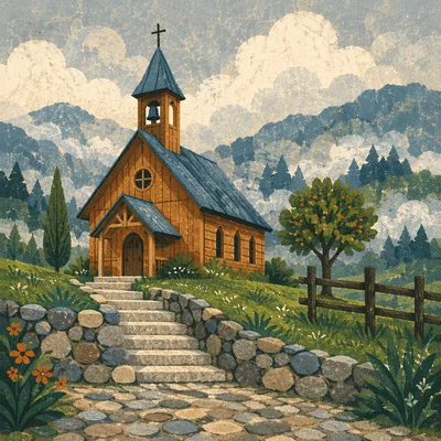 Rustic Wooden Chapel on Green Hillside