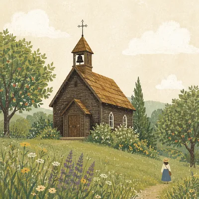 Rustic Wooden Chapel in Countryside Meadow