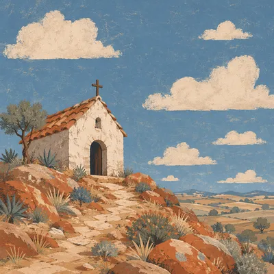 Small Wooden Countryside Chapel on Rocky Hilltop