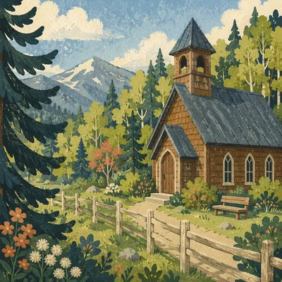 Rustic Wooden Chapel in Mountain Forest