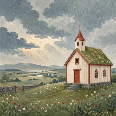Quiet Wooden Chapel in Spring Countryside