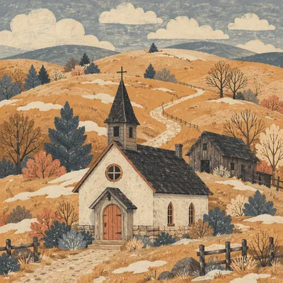 Small Wooden Chapel in Golden Countryside