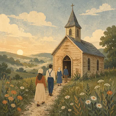 Peaceful Wooden Chapel in Rural Morning