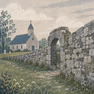 Weathered Wooden Chapel Beyond Stone Wall