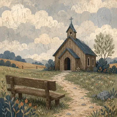 Quiet Countryside Wooden Chapel with Empty Bench