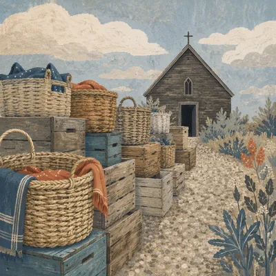 Rustic Wooden Chapel Beyond Willow Baskets