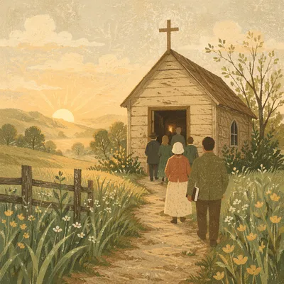 Small Wooden Chapel in Misty Countryside