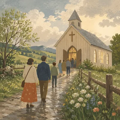 Wooden Countryside Chapel in Spring Morning