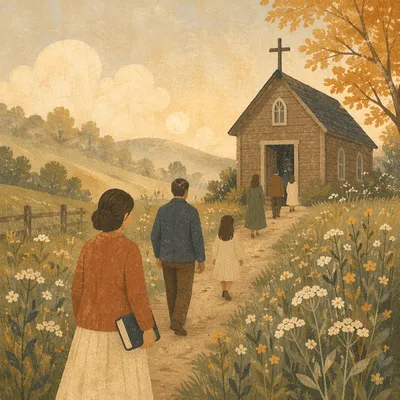 Countryside Wooden Chapel at Autumn Dawn