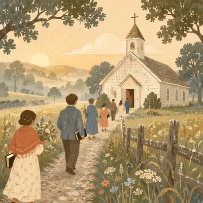 Sunrise Walk to a Rural Wooden Chapel