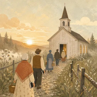 Misty Countryside Chapel at Sunrise