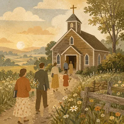 Small Wooden Chapel on Misty Country Morning