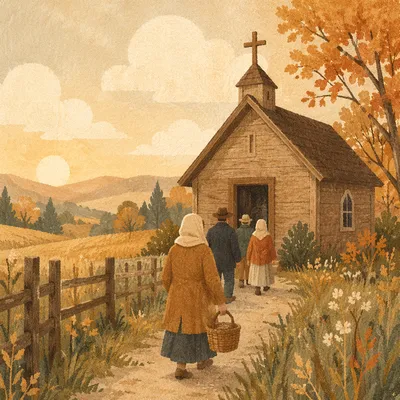 Countryside Wooden Chapel at Autumn Sunrise