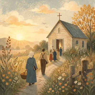 Country Wooden Chapel at Golden Sunrise