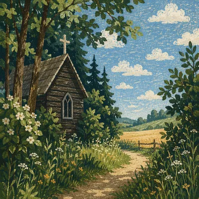 Small Wooden Chapel in Summer Countryside