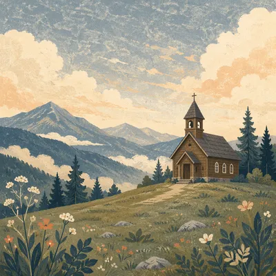 Quiet Wooden Chapel on Misty Countryside Hill