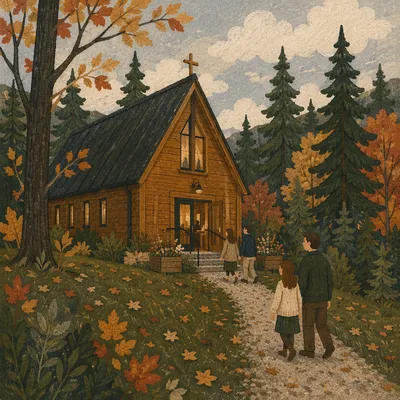 Small Wooden Chapel in Autumn Countryside