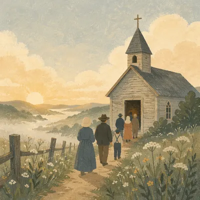 Peaceful Wooden Chapel in Morning Countryside