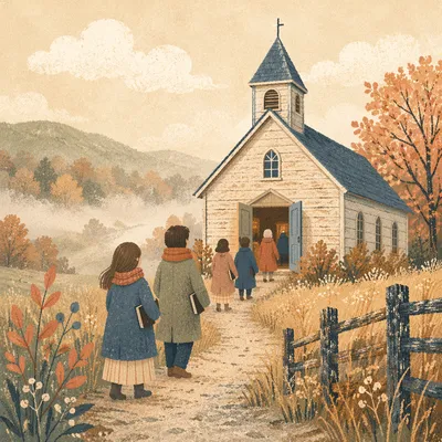 Small Wooden Chapel in Misty Countryside