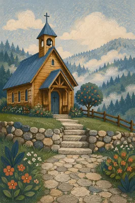 Rustic Wooden Chapel on Misty Green Hillside