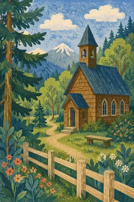 Rustic Wooden Chapel in Mountain Forest