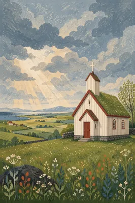 Small Wooden Chapel in Rolling Countryside