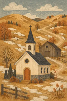 Small Wooden Chapel Among Winter Hills
