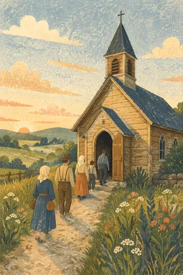 Peaceful Wooden Chapel in Morning Meadow