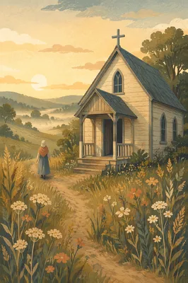 Sunrise Wooden Chapel in Quiet Countryside