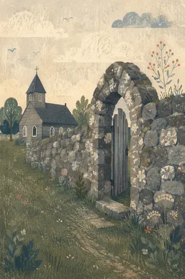 Weathered Wooden Chapel Beyond Stone Wall