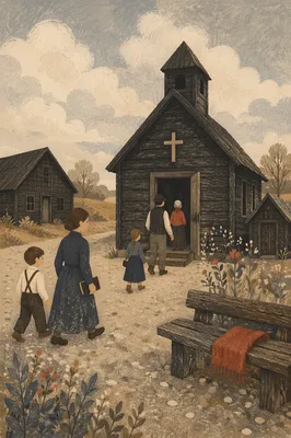 Rustic Wooden Countryside Chapel on Sunday Morning