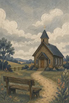 Quiet Countryside Wooden Chapel With Empty Bench