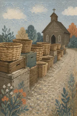 Rustic Wooden Chapel Beyond Willow Baskets