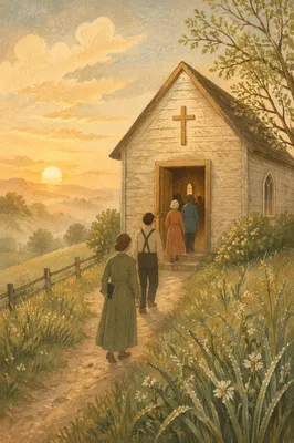 Rustic Countryside Chapel at Spring Sunrise