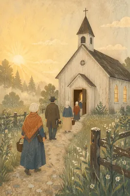 Misty Countryside Chapel at Sunrise