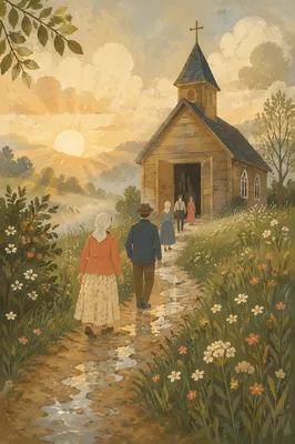 Countryside Wooden Chapel at Peaceful Sunrise