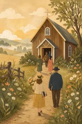 Small Wooden Chapel on Morning Countryside Lane